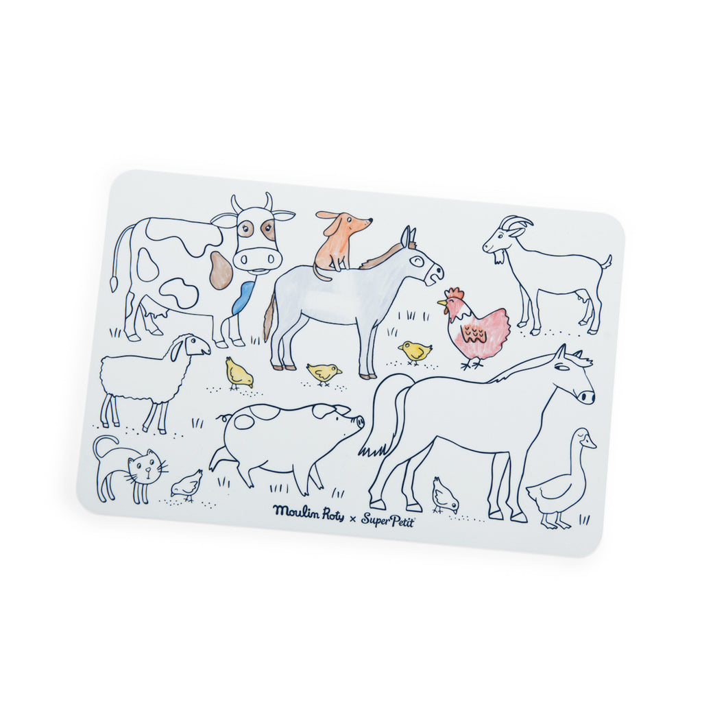 Illustrated placemat featuring farm animals: a cow, donkey, goat, chicken, sheep, pig, cat, and chicks, with a playful and cheerful tone.