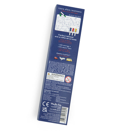 Moulin Roty Today is Wednesday mini silicone colouring mat back of box packaging with product details and safety info.