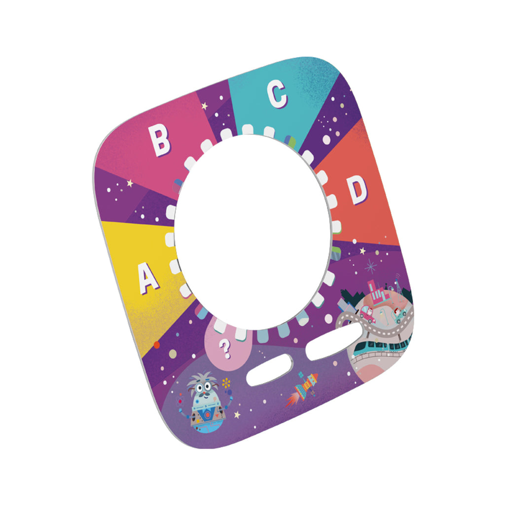 Colorful, circular game board with sections labeled A-D and a central question mark. Features whimsical, space-themed illustrations and a playful tone.