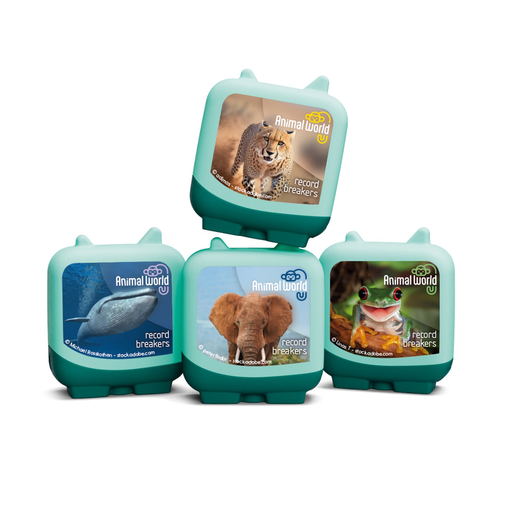 Five animal-themed boxes featuring images of a cheetah, dolphin, elephant, and frog, labeled "Animal World: Record Breakers," arranged playfully.