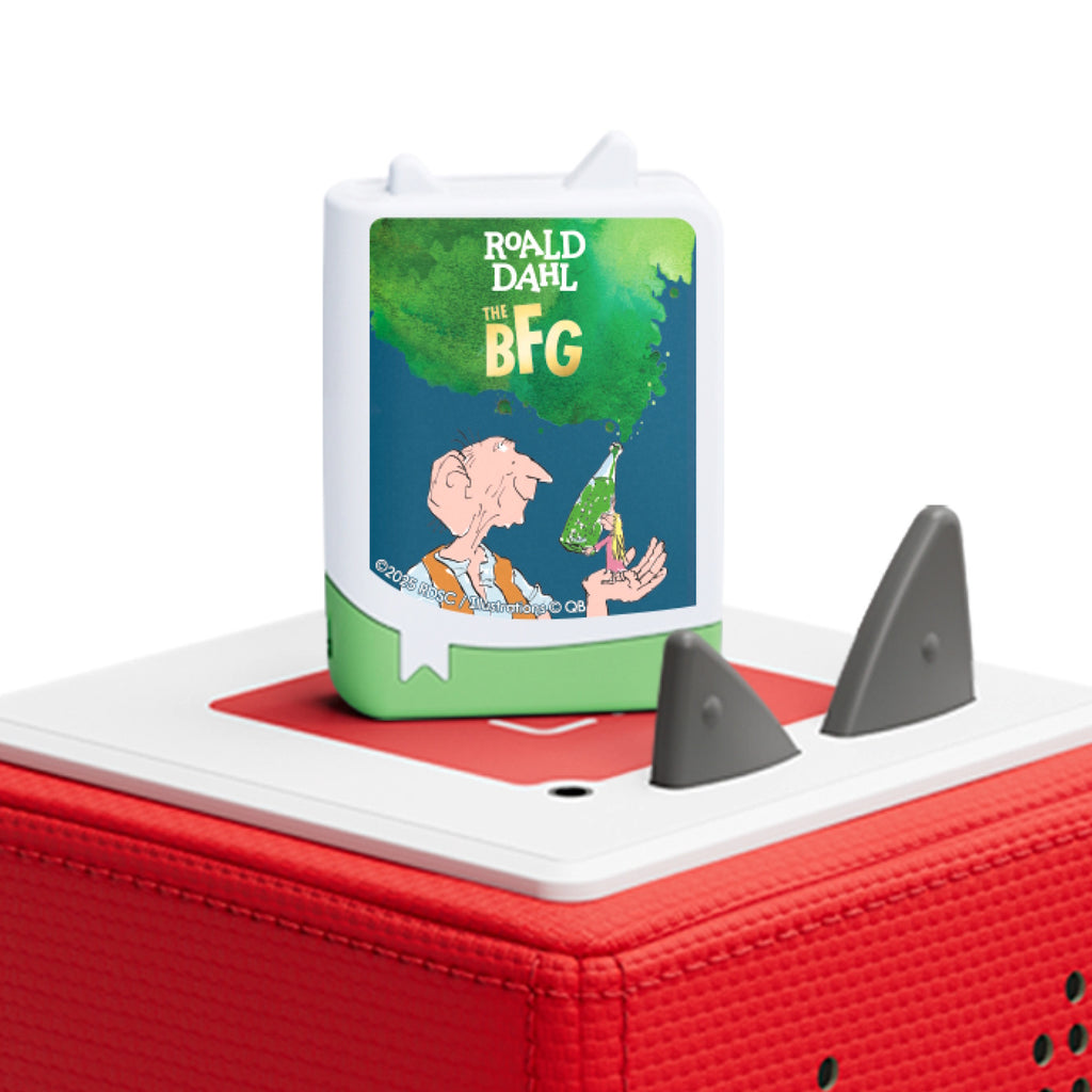 Illustration of an elderly character holding a green bottle with "Roald Dahl The BFG" text, placed on a red and white audio player with button details.