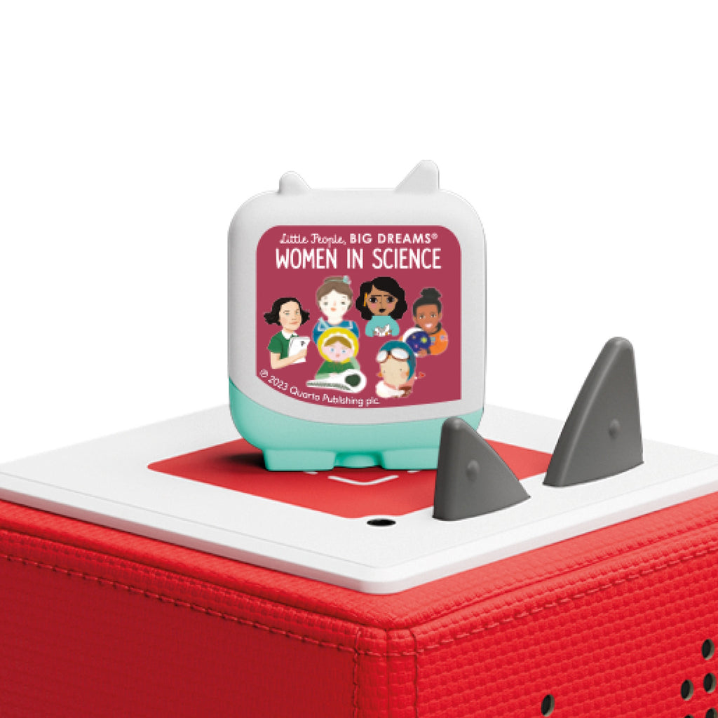 A children's audiobook labeled 'Women in Science' from the 'Little People, Big Dreams' series on a red audio player. Cartoon illustrations of diverse women scientists are featured on the label.