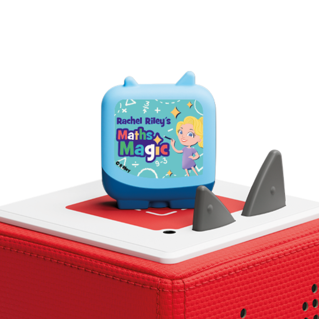 Bright blue toy figurine with cartoon character and text "Maths Magic" on a red speaker block. Energetic and playful design with math symbols.