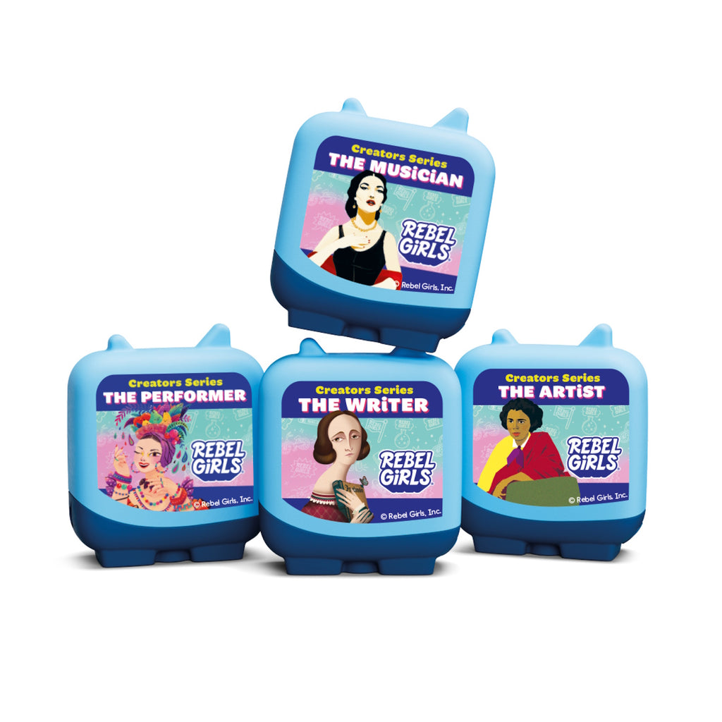 Four colorful Rebel Girls boxes titled "The Musician," "The Performer," "The Writer," and "The Artist," showcasing drawings of inspiring women.