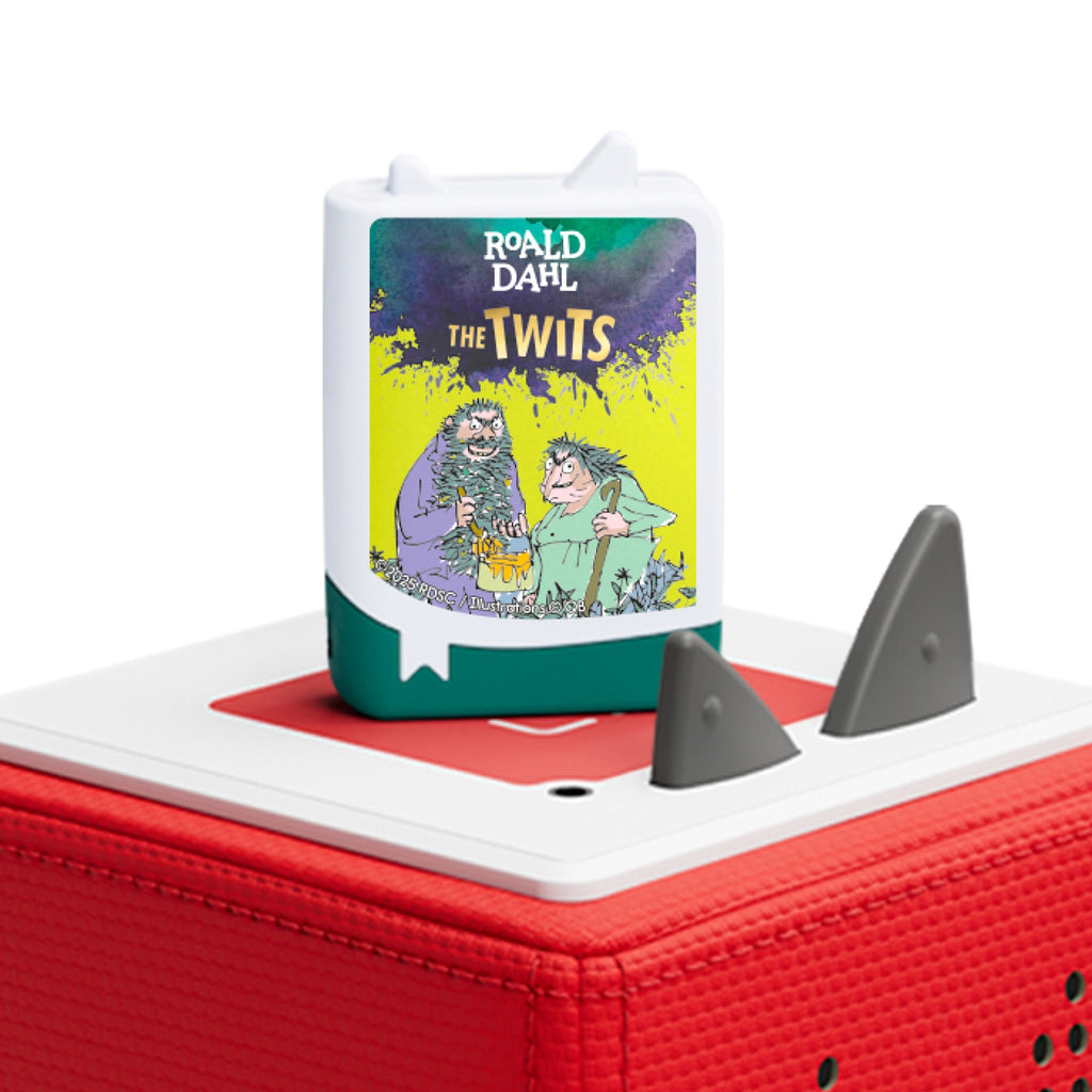 Brightly colored box featuring 'The Twits' illustration with two scruffy characters, set on a red textured square base with gray triangular buttons.