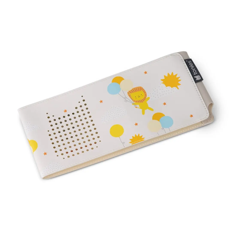 A white Toniebox sleeve featuring an "Up in the Clouds" design, decorated with a lion floating with balloons, suns, stars, and speaker grille cutouts.