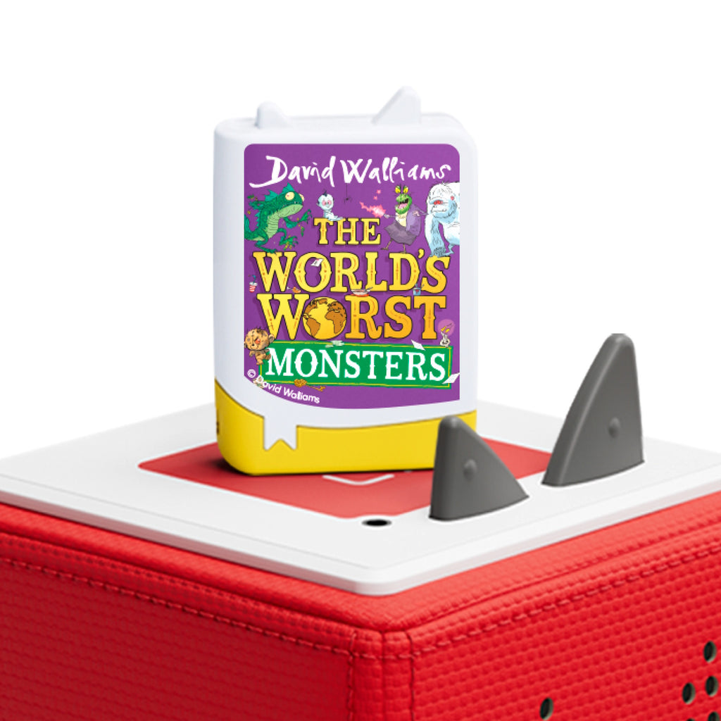 Audiobook cover on a Toniebox, titled "The World's Worst Monsters" by David Walliams. It features colorful cartoon monsters and a playful design.