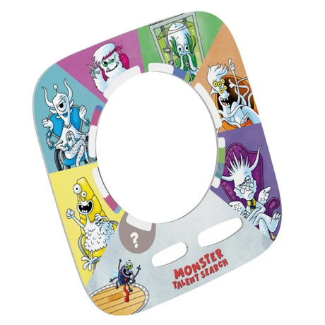 Square "Monster Talent Search" game topper card for a Toniebox, featuring cartoon monsters in colorful panels.