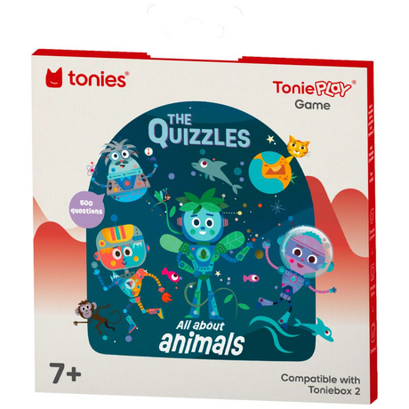 Packaging box for The Quizzles All About Animals ToniePlay game featuring cartoon space characters.