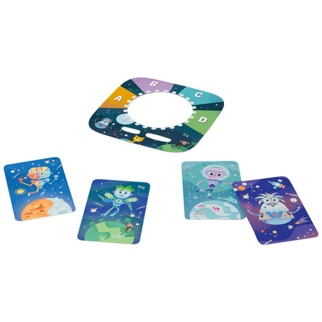 The Quizzles Toniebox game topper surrounded by four space-themed character cards on a white background.