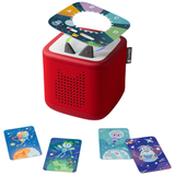 The Quizzles game topper overlay floating above a red Toniebox audio player, accompanied by four space-themed character cards placed in front.