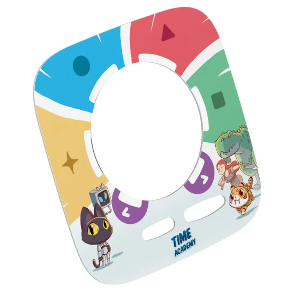 Square Time Academy Toniebox game topper featuring animated characters around a circular center cutout.