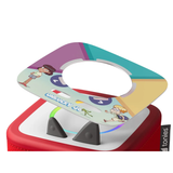 An Unlucky Jo story game topper overlay floating above the top panel of a red Toniebox audio player.