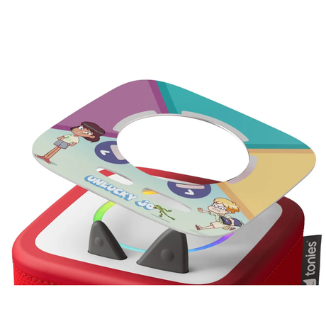 An Unlucky Jo story game topper overlay floating above the top panel of a red Toniebox audio player.