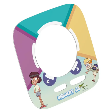 Square Unlucky Jo Toniebox game topper featuring cartoon characters around a circular center cutout.