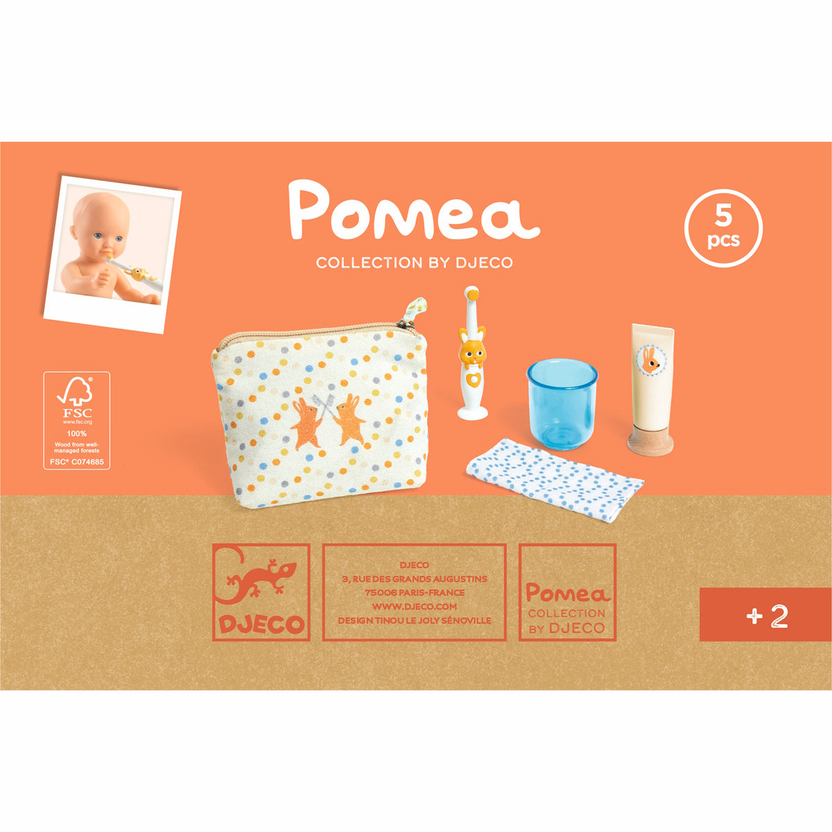 Djeco Pomea 5-piece doll toiletry set with polka dot bag, toothbrush, cup, and toothpaste for kids ages 2+.