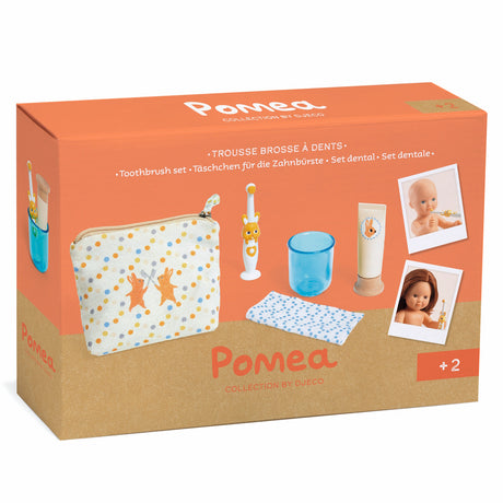 Djeco Pomea Doll Toothbrush Set with zipper pouch, rabbit-themed toothbrush, cup, and toothpaste.