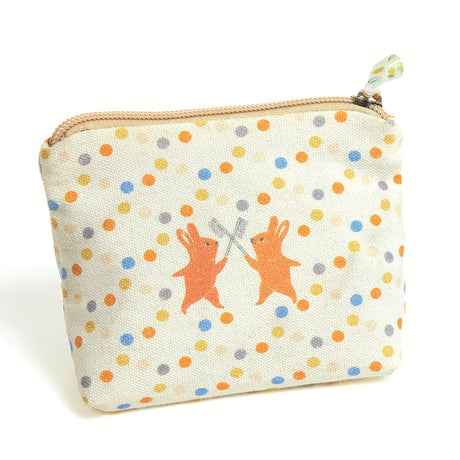 Small canvas coin purse with colorful polka dots and two dancing rabbits illustration.