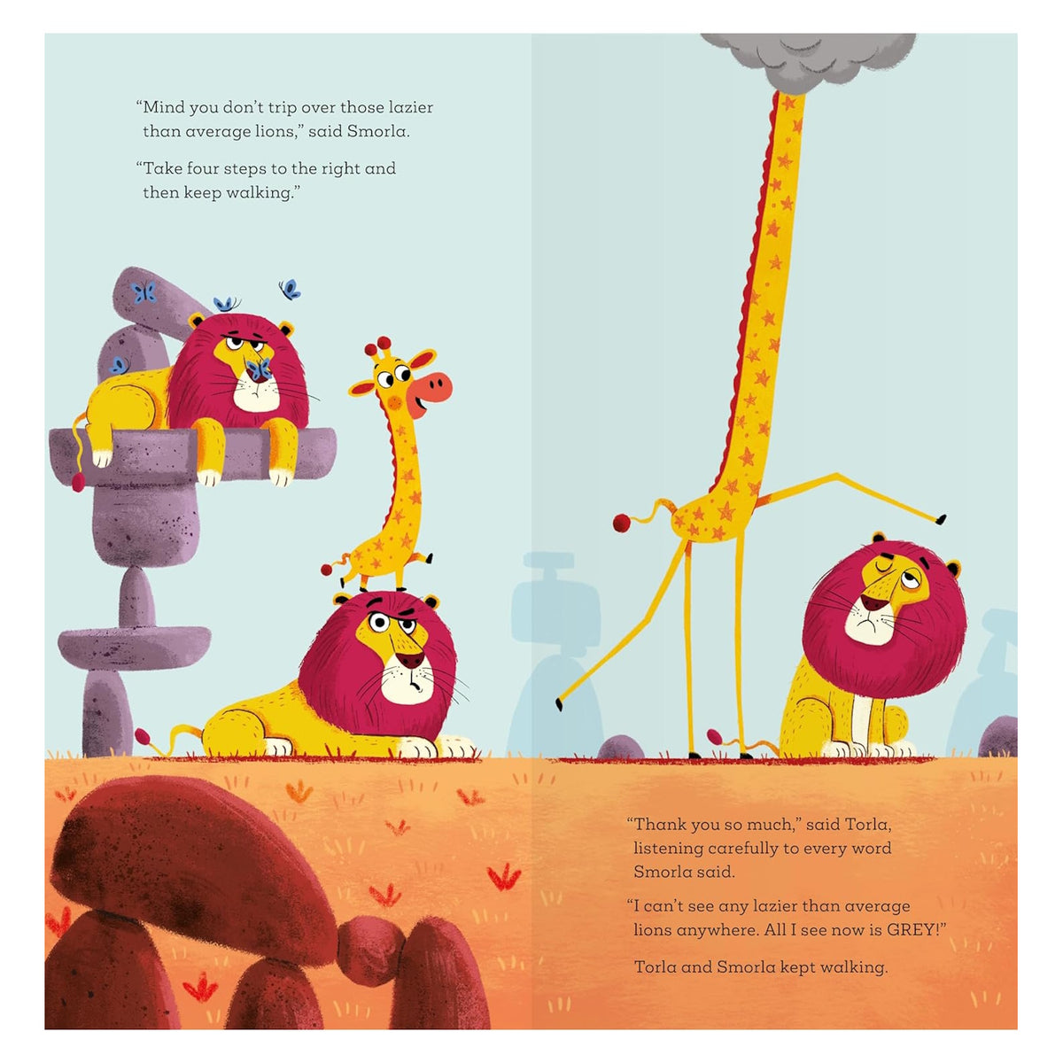 Illustration of a small giraffe and a tall giraffe with its head in a cloud walking past two grumpy lions.