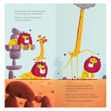Illustration of a small giraffe and a tall giraffe with its head in a cloud walking past two grumpy lions.