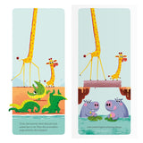 Children's book illustration of a tall and short giraffe walking past yoga crocodiles and hippos playing bingo.