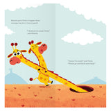 Children's book illustration of two giraffes, Torla and Smorla; one is stuck in a hole while the other tries to pull them out.