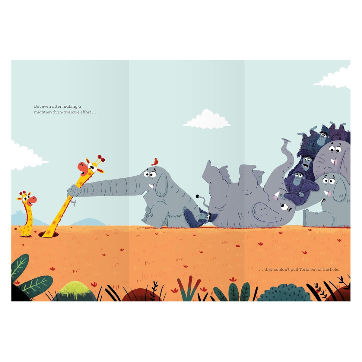 Children's book illustration of an elephant and gorillas pulling a giraffe from a hole in a colorful savanna.