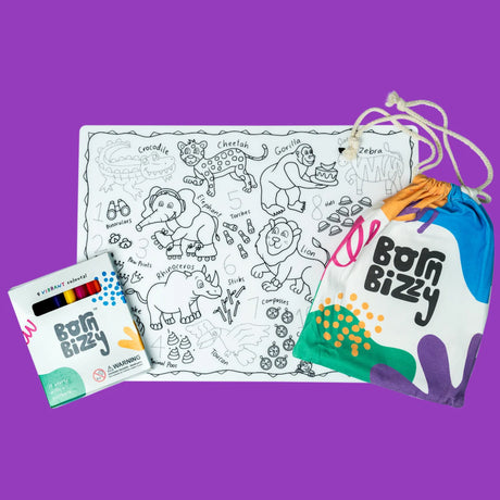 A Born Bizzy kids' coloring set with a wild animal mat, a box of 9 markers, and a colorful drawstring bag.