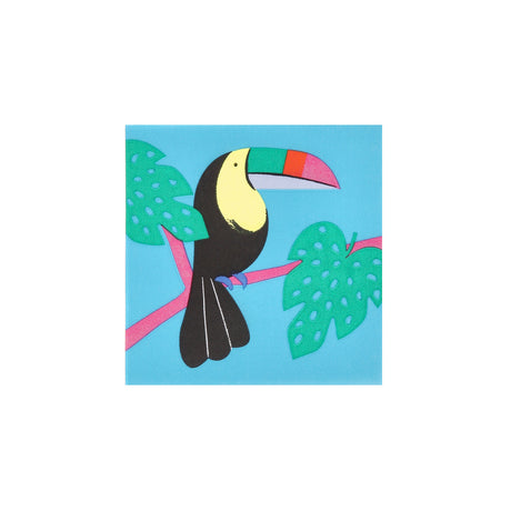 Colorful toucan on a branch with tropical leaves; square blue paper napkin for jungle-themed parties.