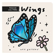 "Wings" touch and feel board book cover by Wee Gallery featuring a blue butterfly and a pink flower.