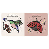 Children's book page showing a colorful hummingbird and a red ladybug with the text "Speedy wings" and "Bumpy wings."