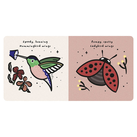 Children's book page showing a colorful hummingbird and a red ladybug with the text "Speedy wings" and "Bumpy wings."