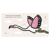 Illustration of a flamingo flying with text: "Flamingo's pink and fluffy wings whoosh as she flies by."