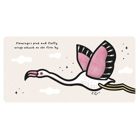 Illustration of a flamingo flying with text: "Flamingo's pink and fluffy wings whoosh as she flies by."