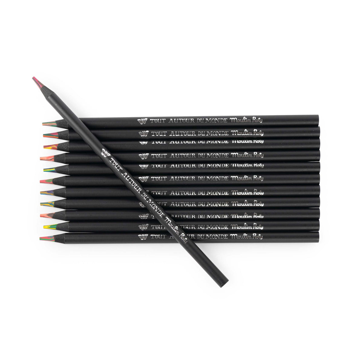 Set of 12 Moulin Roty Tout Autour du Monde multi-colored pencils with black barrels on a white background.