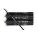 Set of 12 Moulin Roty Tout Autour du Monde multi-colored pencils with black barrels on a white background.