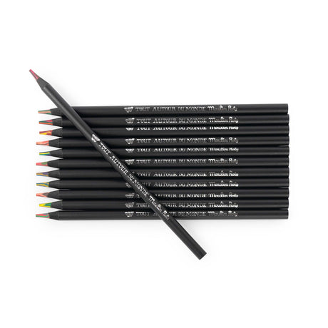 Set of 12 Moulin Roty Tout Autour du Monde multi-colored pencils with black barrels on a white background.