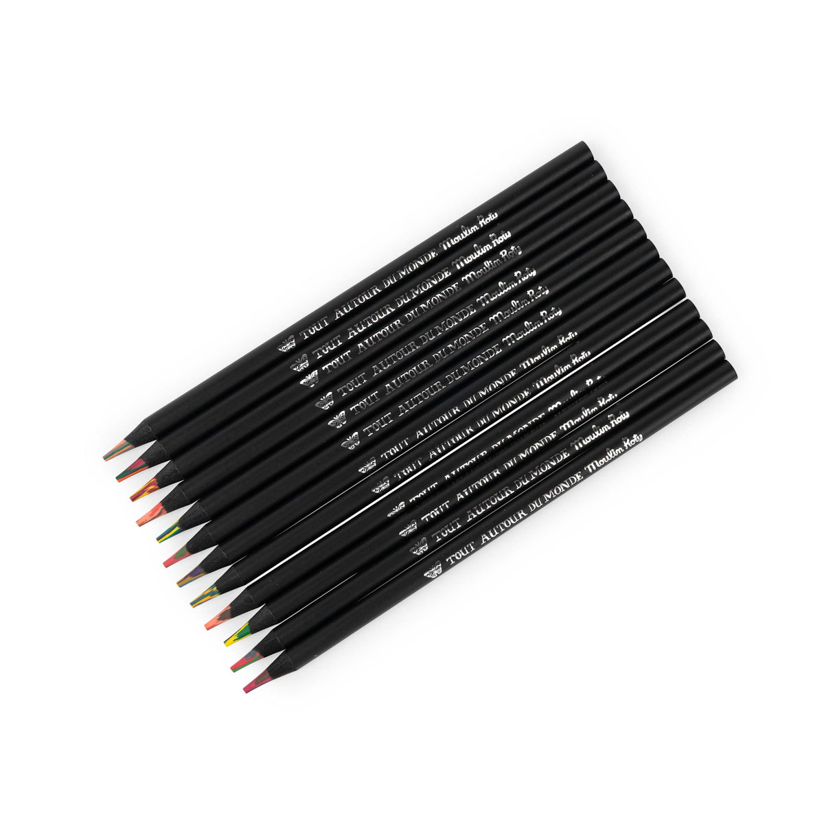 Moulin Roty Tout Autour du Monde multi-colored pencils with black barrels, set of 12 on white background.
