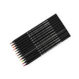 Moulin Roty Tout Autour du Monde multi-colored pencils with black barrels, set of 12 on white background.