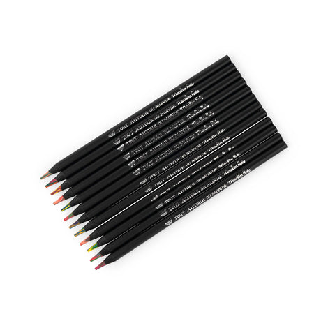 Moulin Roty Tout Autour du Monde multi-colored pencils with black barrels, set of 12 on white background.