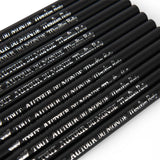 Close-up of black Moulin Roty Tout Autour du Monde pencils featuring silver foil lettering and butterfly logo.