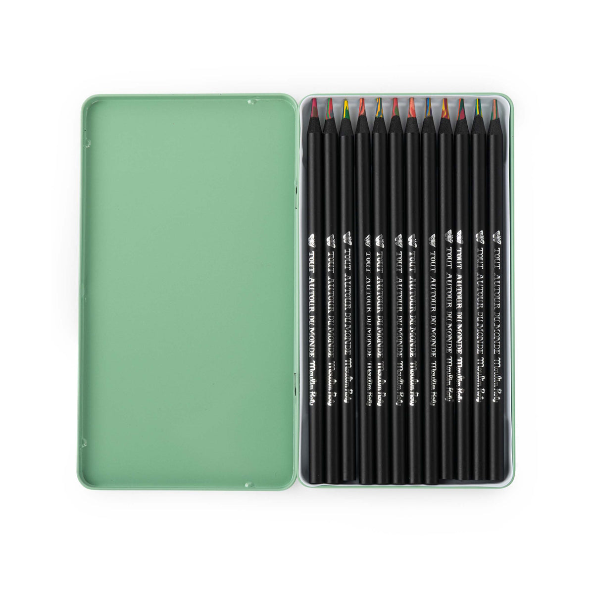 Open green tin of 12 Moulin Roty multicoloured pencils with black barrels and rainbow-swirled tips.