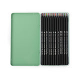 Open green tin of 12 Moulin Roty multicoloured pencils with black barrels and rainbow-swirled tips.