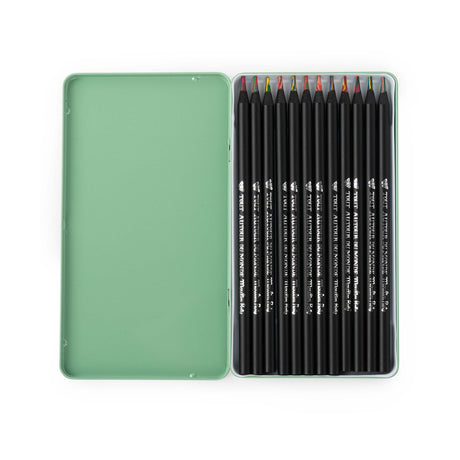 Open green tin of 12 Moulin Roty multicoloured pencils with black barrels and rainbow-swirled tips.