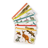 Moulin Roty animal lotto game cards featuring illustrated animals from Africa, Europe, Asia, and Australasia.
