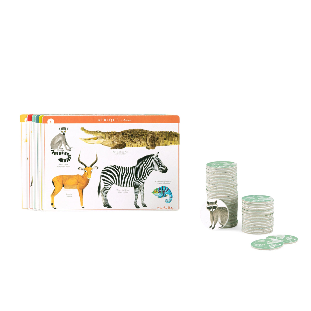 Moulin Roty animal lotto game featuring Africa themed cards and round illustrated tokens on a white background.
