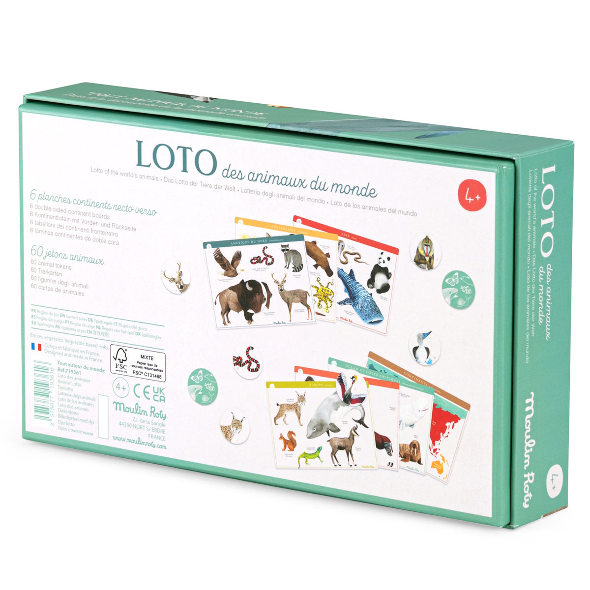 Back of Moulin Roty Animal Lotto box showing 6 continent boards and 60 animal tokens for ages 4+.