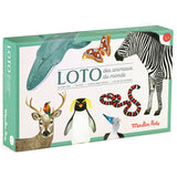 Moulin Roty Animal Lotto game box featuring colorful illustrations of a whale, zebra, penguin, and deer.