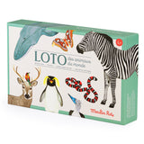 Moulin Roty Animal Lotto game box featuring watercolor illustrations of a zebra, whale, penguin, and deer.