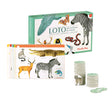 Moulin Roty Animal Lotto game with illustrated boards, circular animal tokens, and a green decorative storage box.